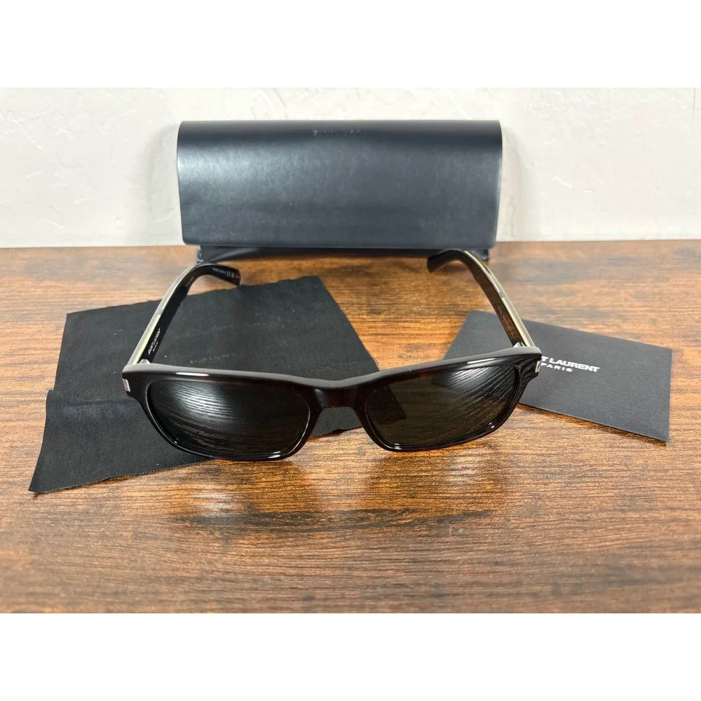 Saint Laurent SL‎ 662 004 Havana Crystal Grey Rectangular Sunglasses Made Japan